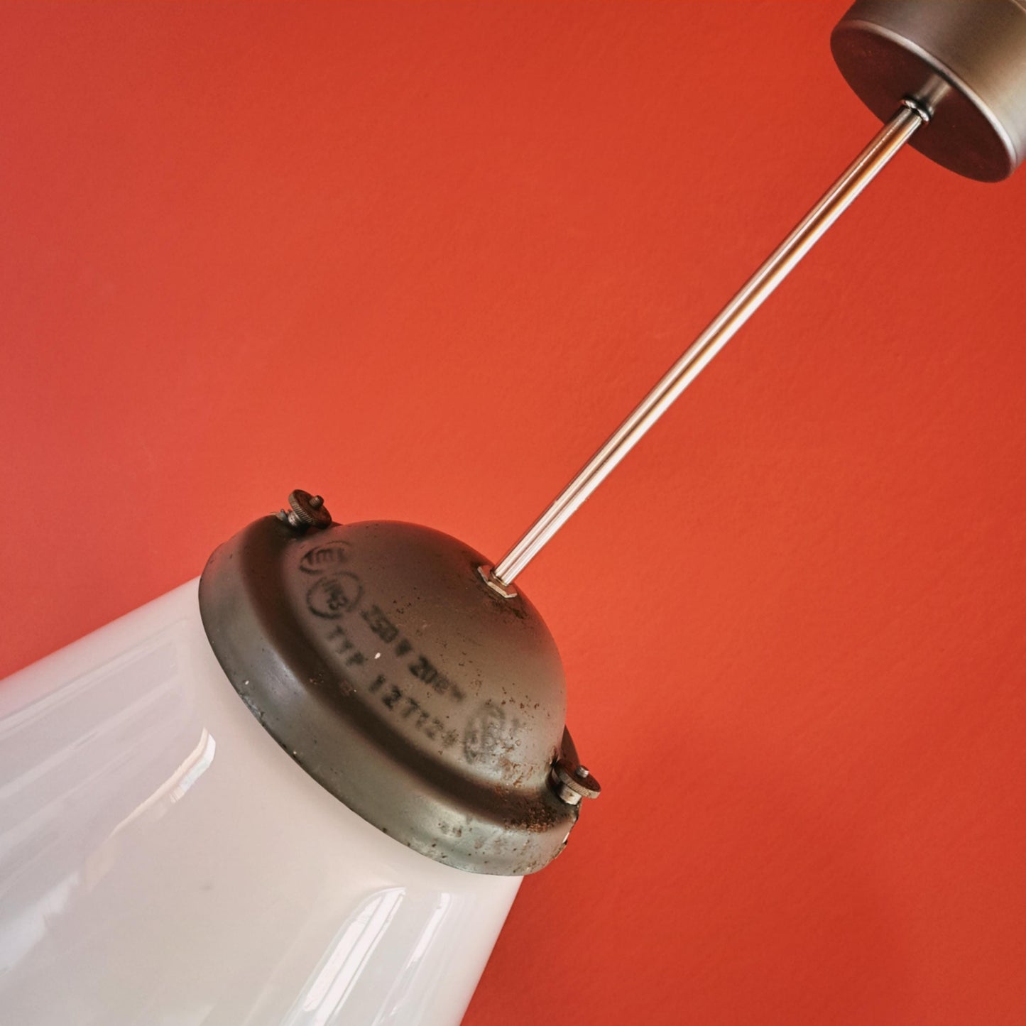 Vintage Industrial Opaline Glass Pendant Light - Czechoslovakia 1970s