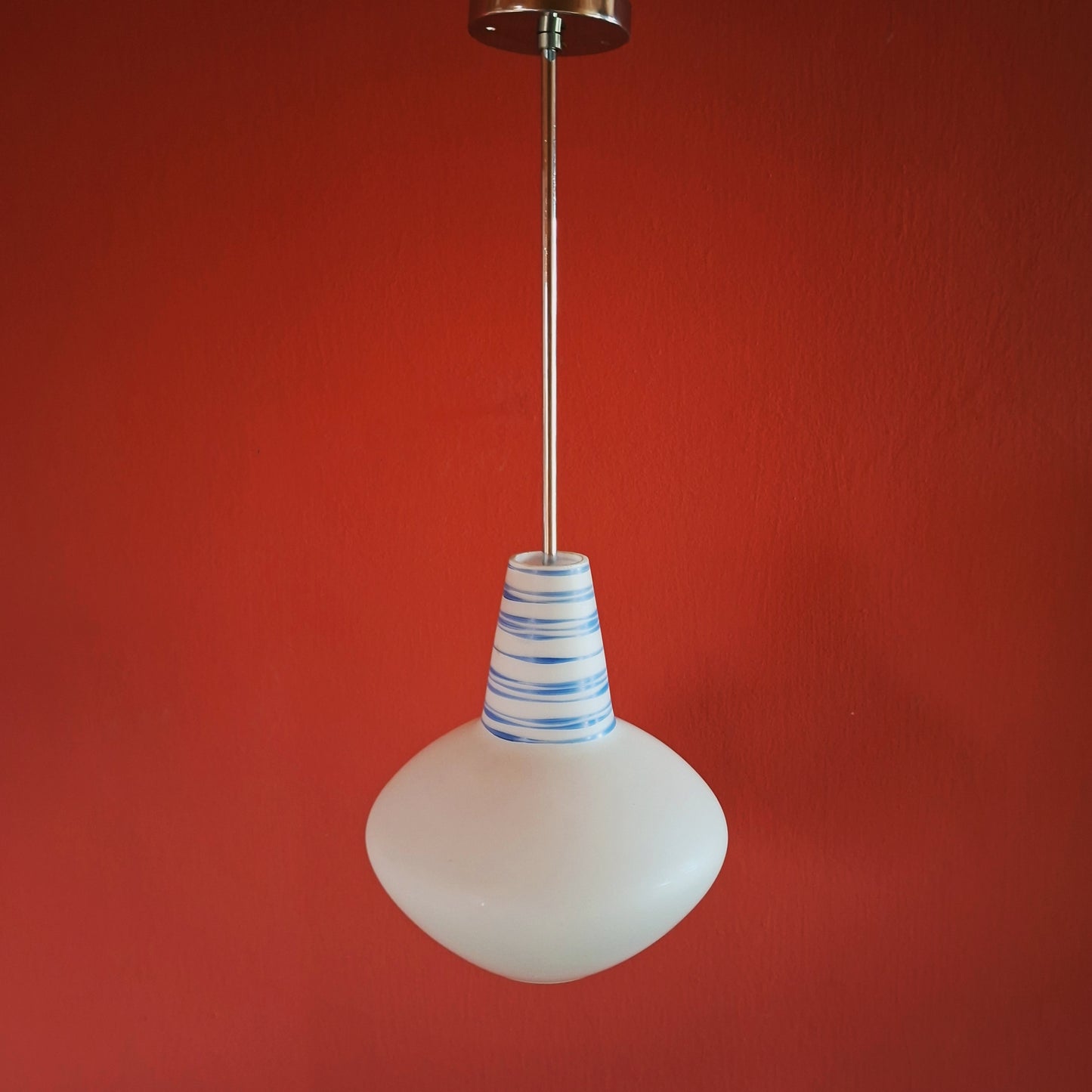 Pair of Retro 1960s White Blue Opaline Glass Pendant Lights