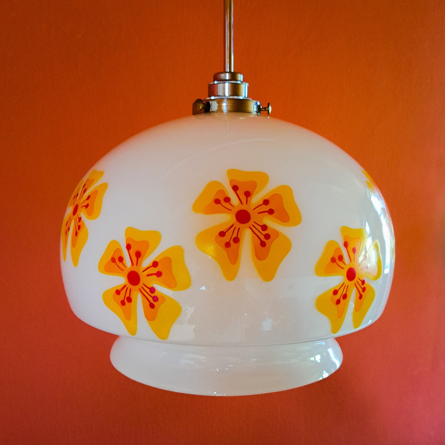 Vintage Floral Opaline Glass Pendant Light - Mid Century Czech Lighting