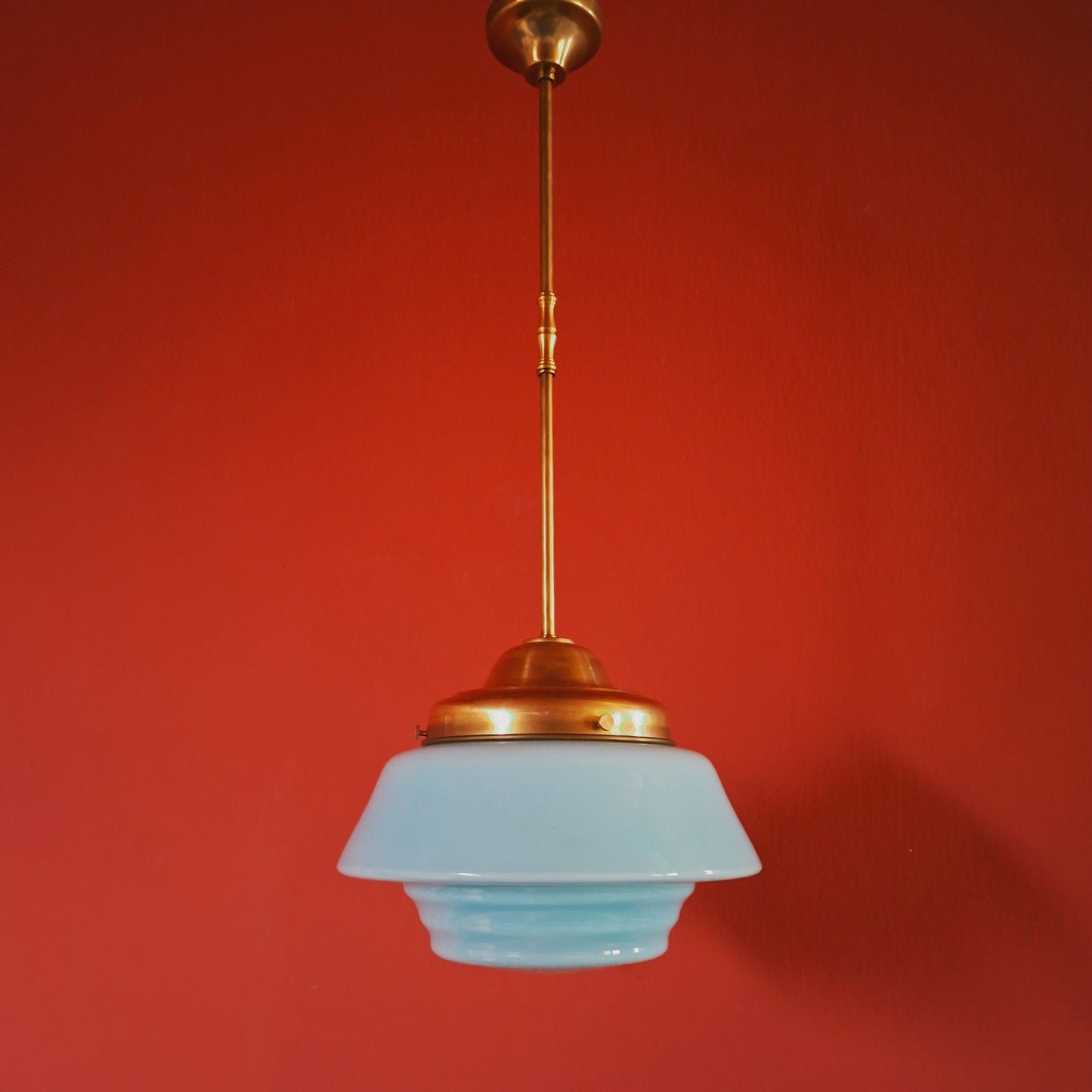 Blue Opaline Glass Pendant Light with Brass Fittings