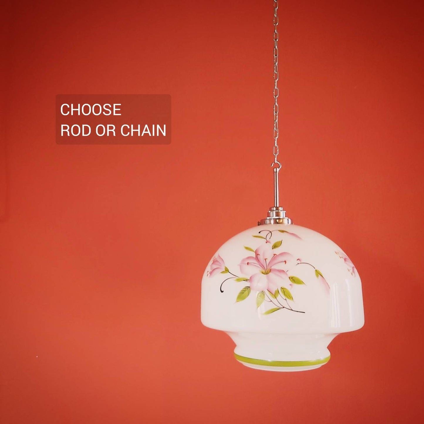 Vintage Floral Opaline Glass Pendant Light: Large Bohemian Ceiling Lighting