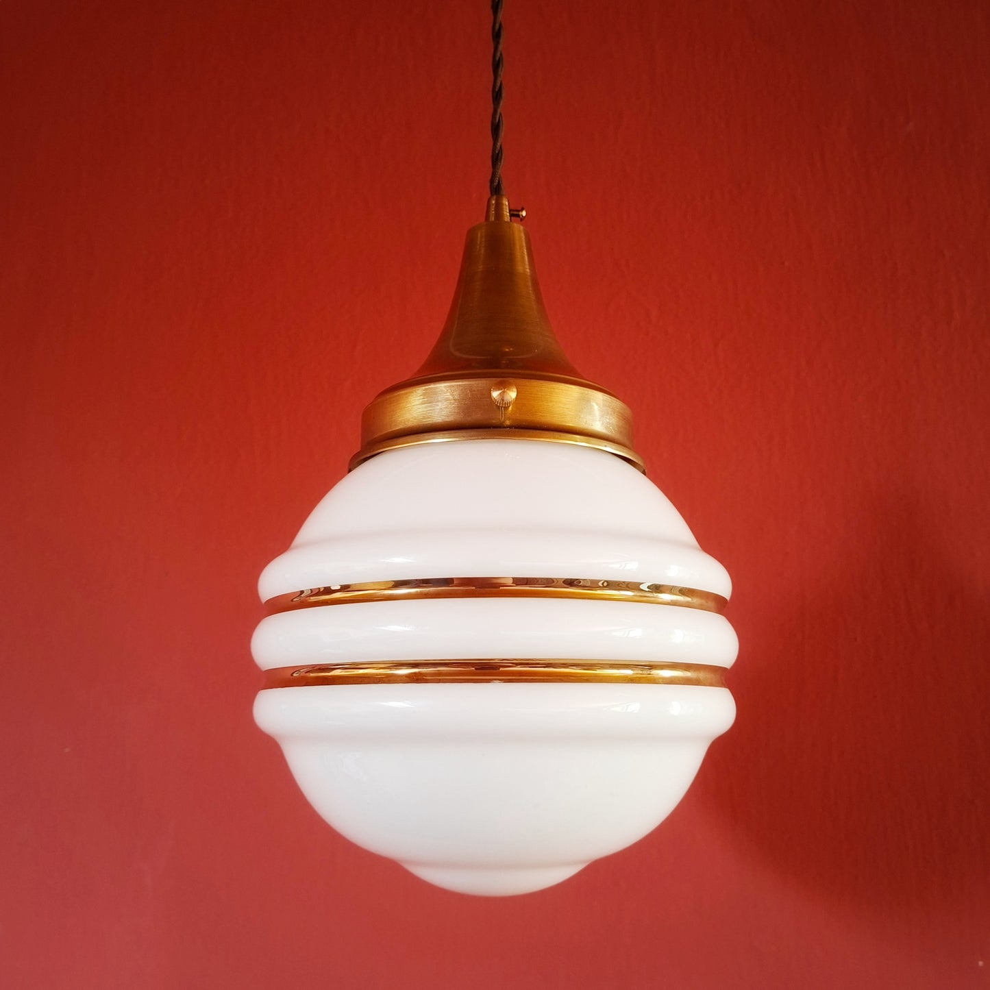 Mid Century Brass Pendant Ceiling Lights Gold Striped Opaline Glass Globes MULTIPLES AVAILABLE