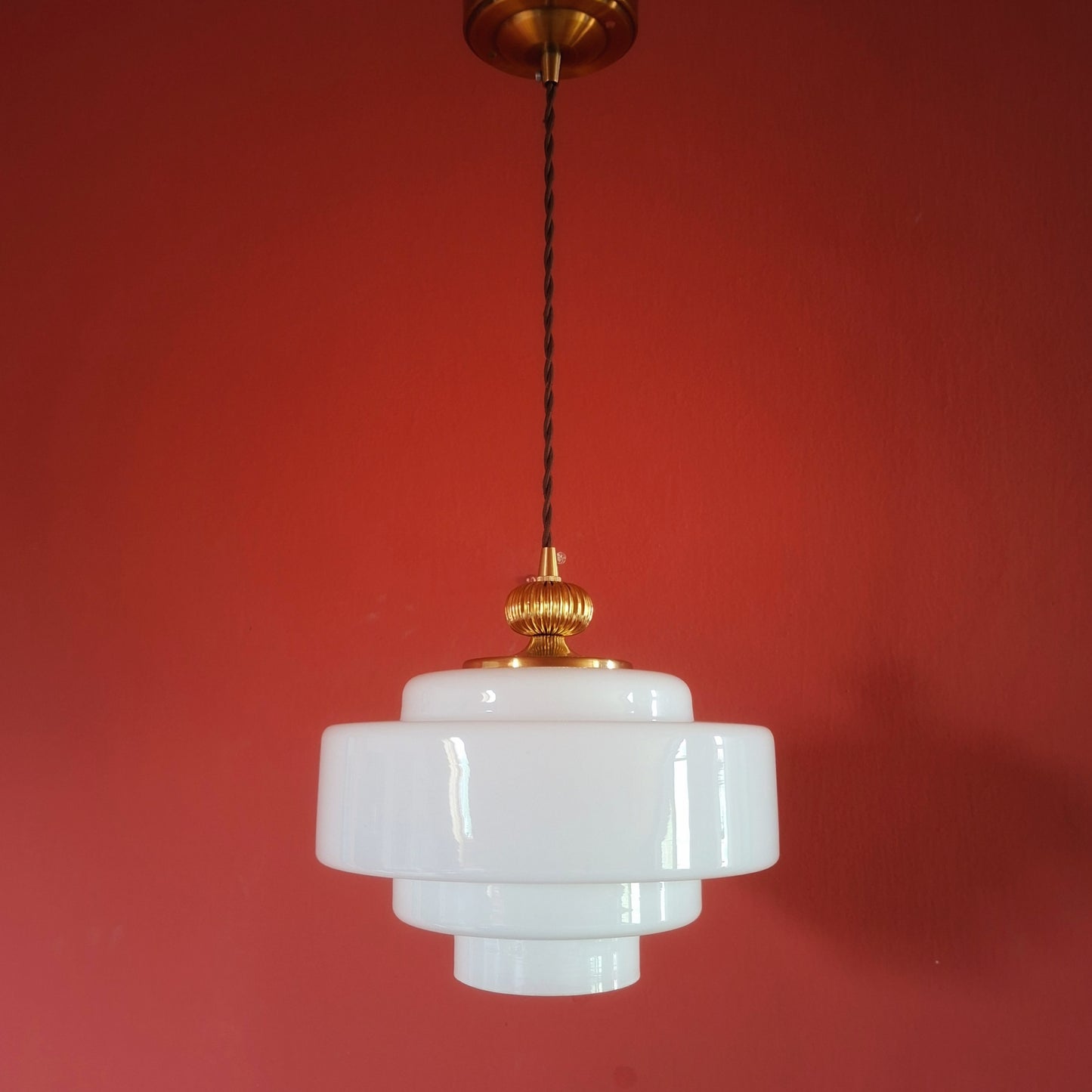 Mid Century Brass Opaline Glass Pendant Light