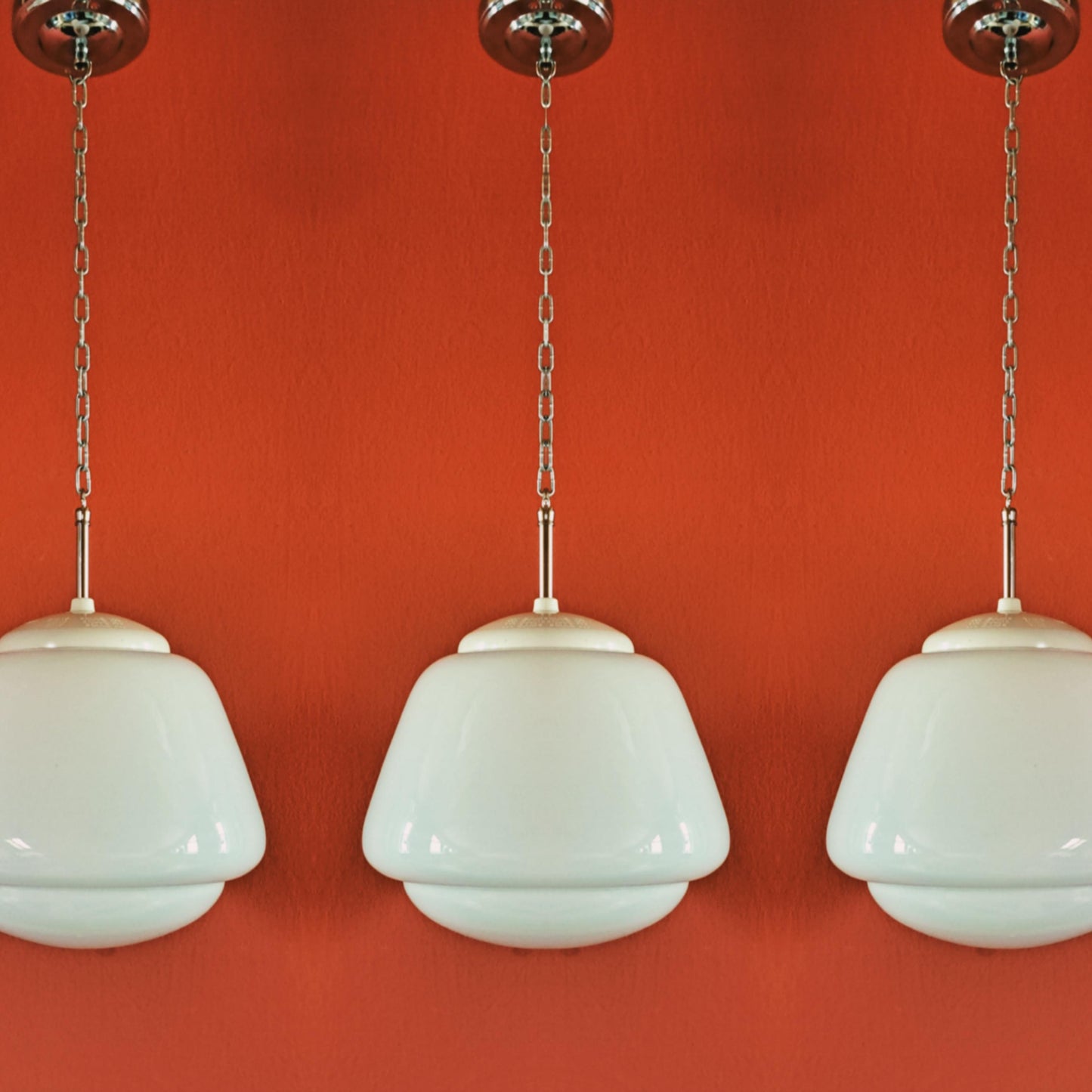 Mid Century Opaline Glass Schoolhouse Pendant Lights