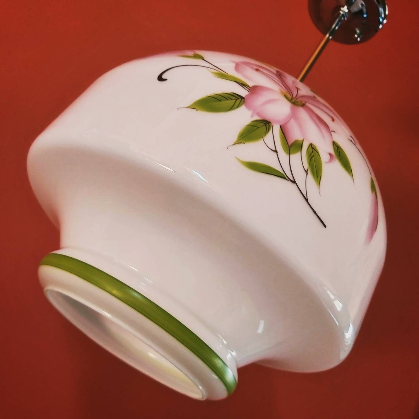 Vintage Floral Opaline Glass Pendant Light: Large Bohemian Ceiling Lighting