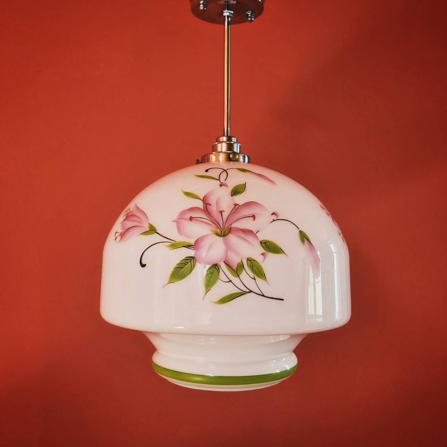 Vintage Floral Opaline Glass Pendant Light: Large Bohemian Ceiling Lighting