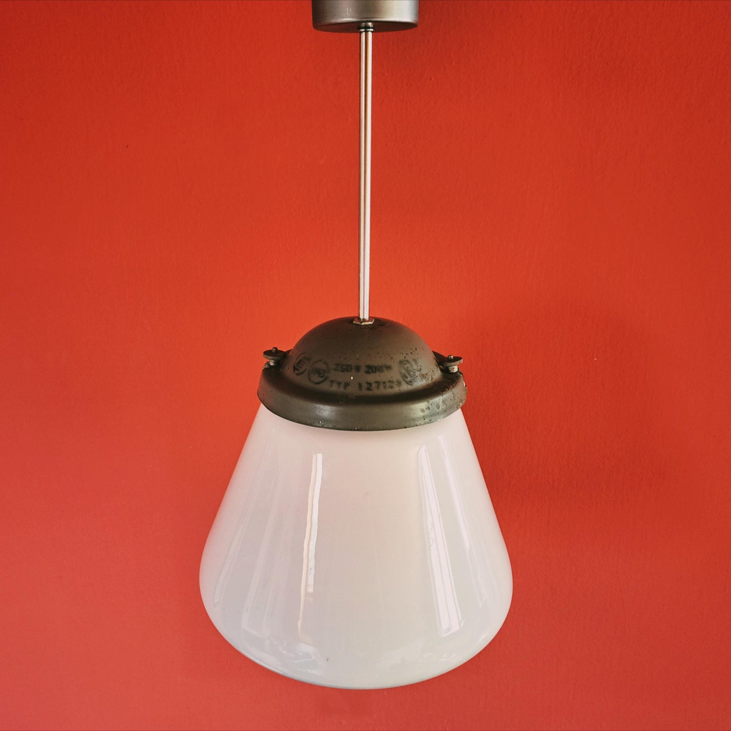 Vintage Industrial Opaline Glass Pendant Light - Czechoslovakia 1970s