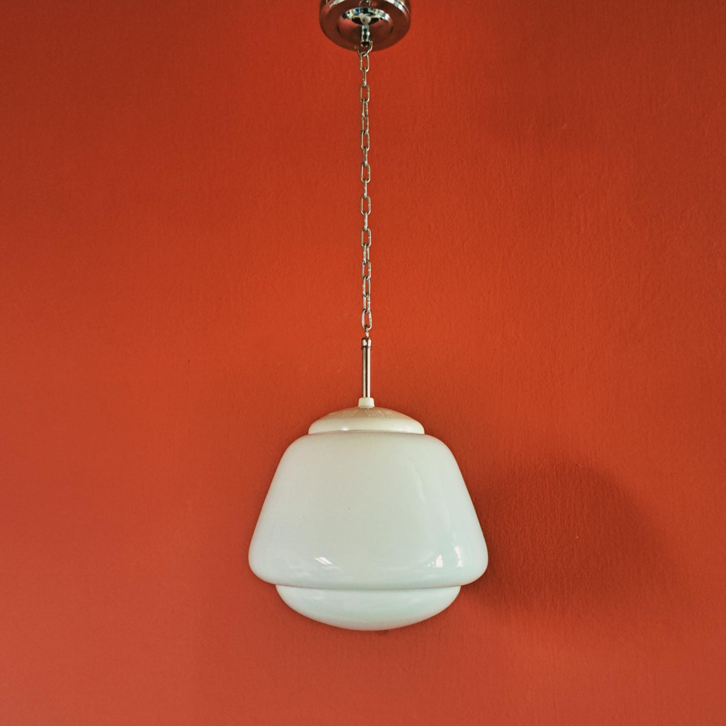 Mid Century Opaline Glass Schoolhouse Pendant Lights