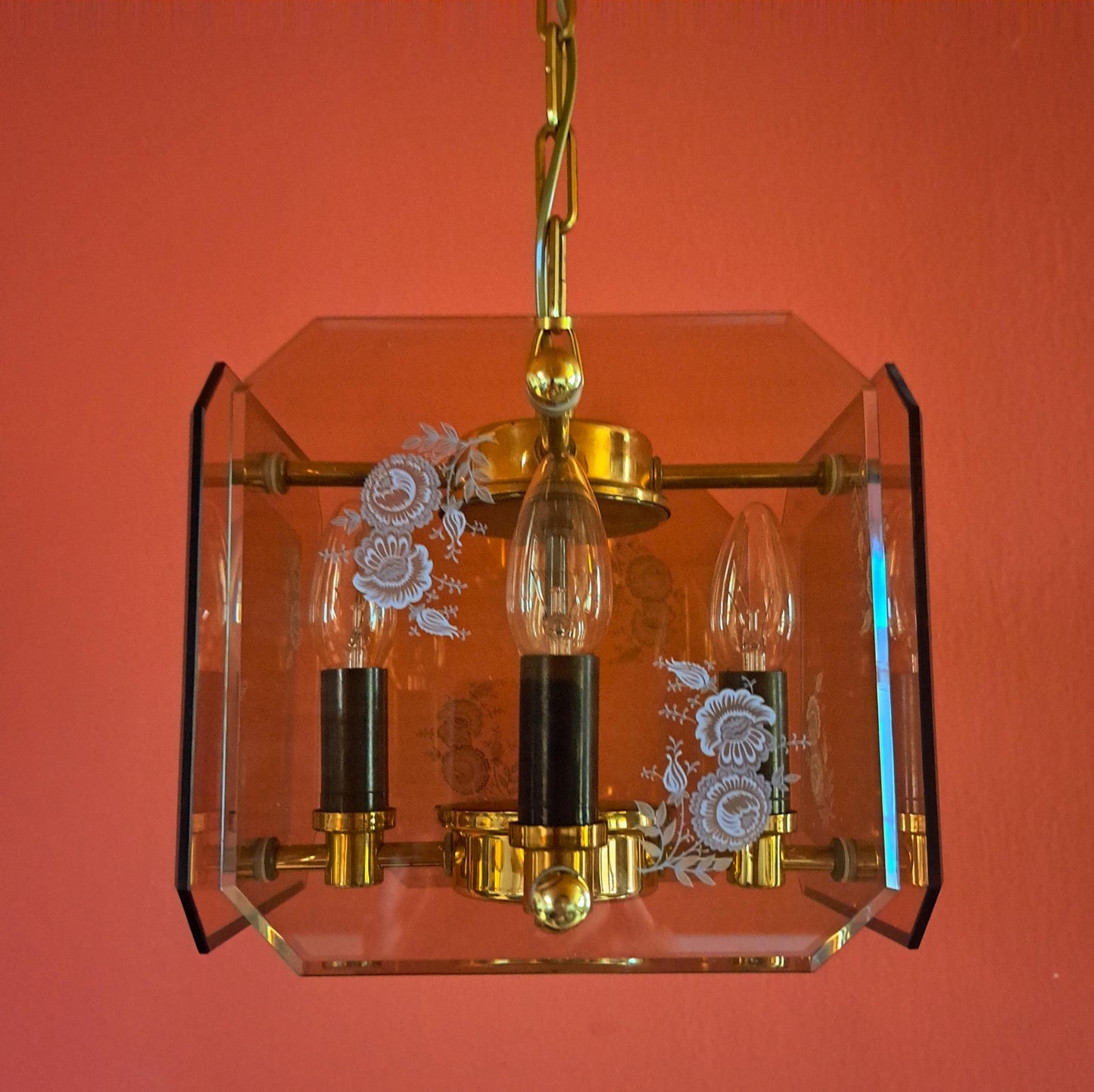 Mid Century Brass Bohemian Smoke Glass Panel Light