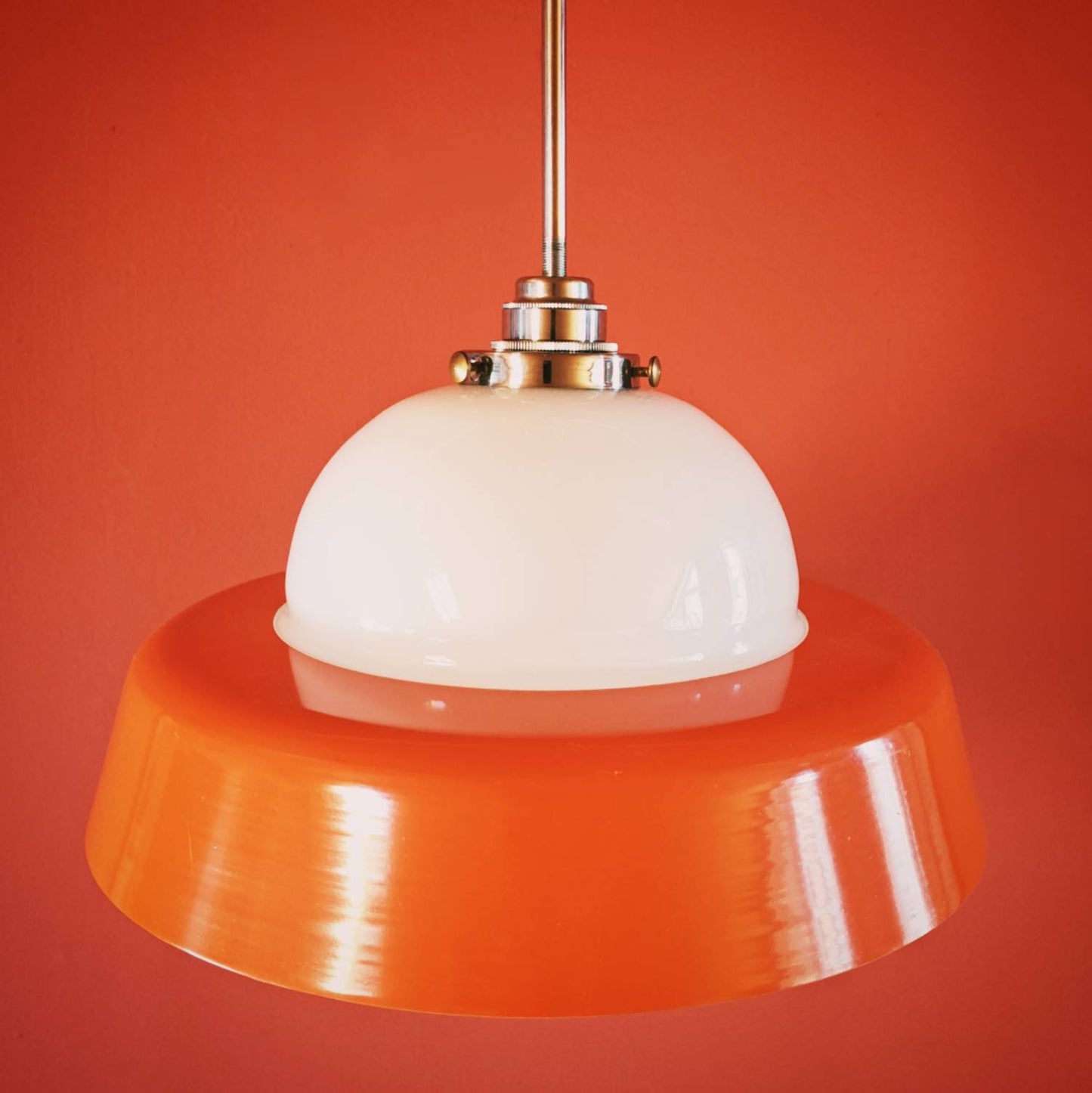 Mid Century Orange Metal Glass UFO Pendant Light