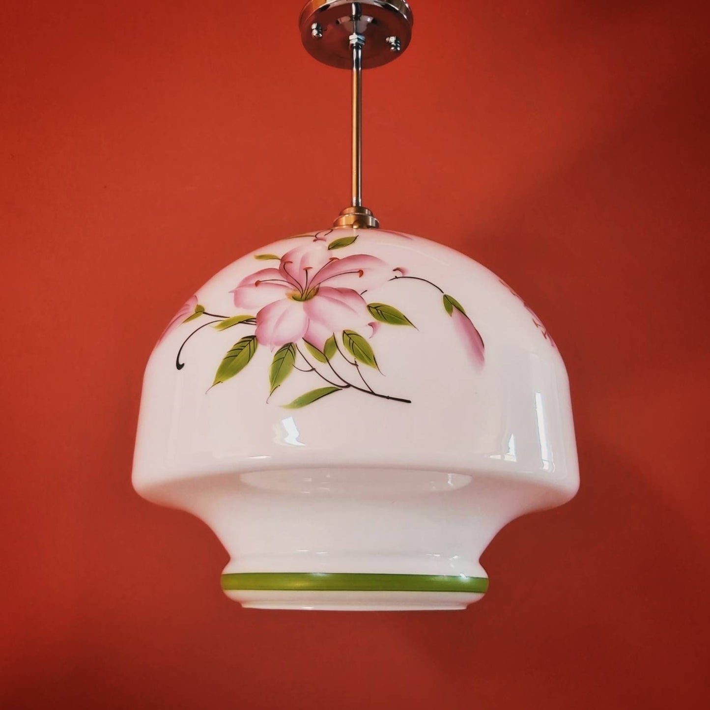 Vintage Floral Opaline Glass Pendant Light: Large Bohemian Ceiling Lighting