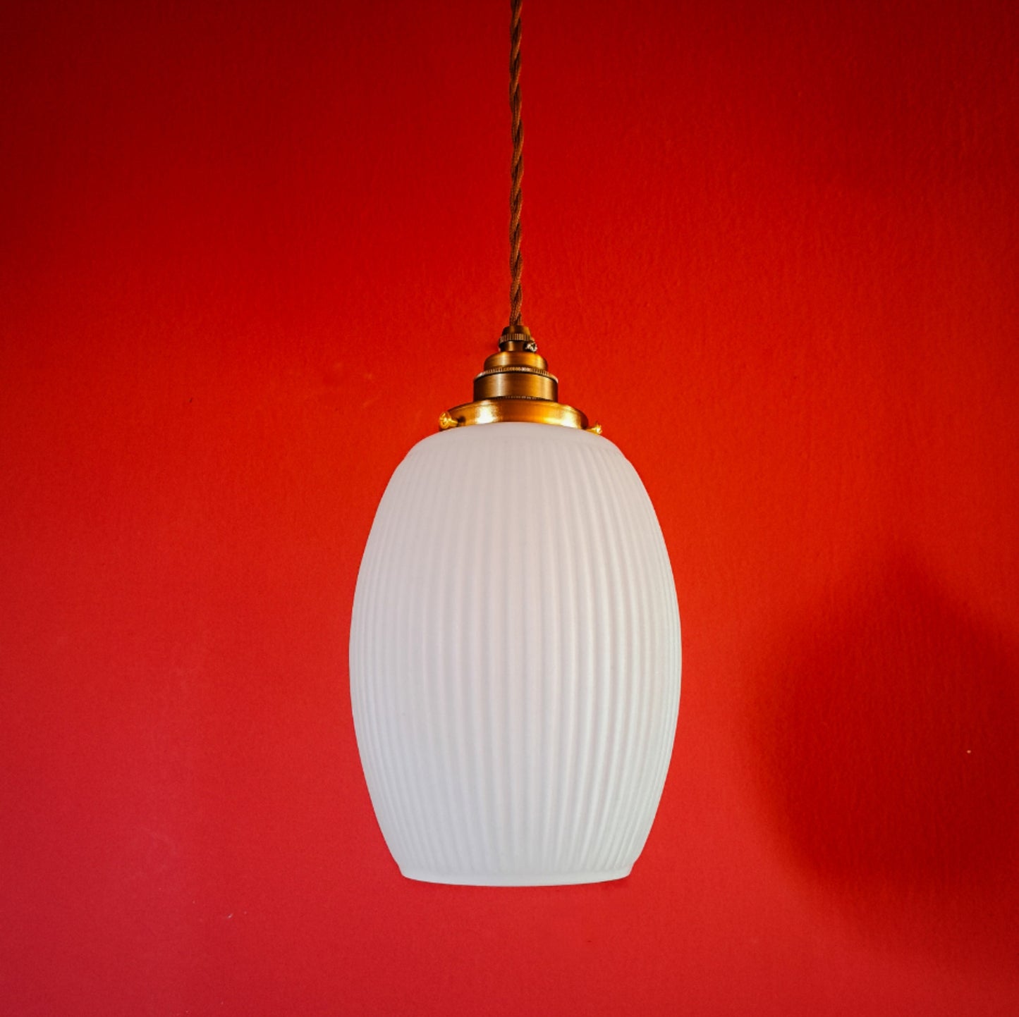 Mid Century Ribbed Opaline Glass Pendant Light