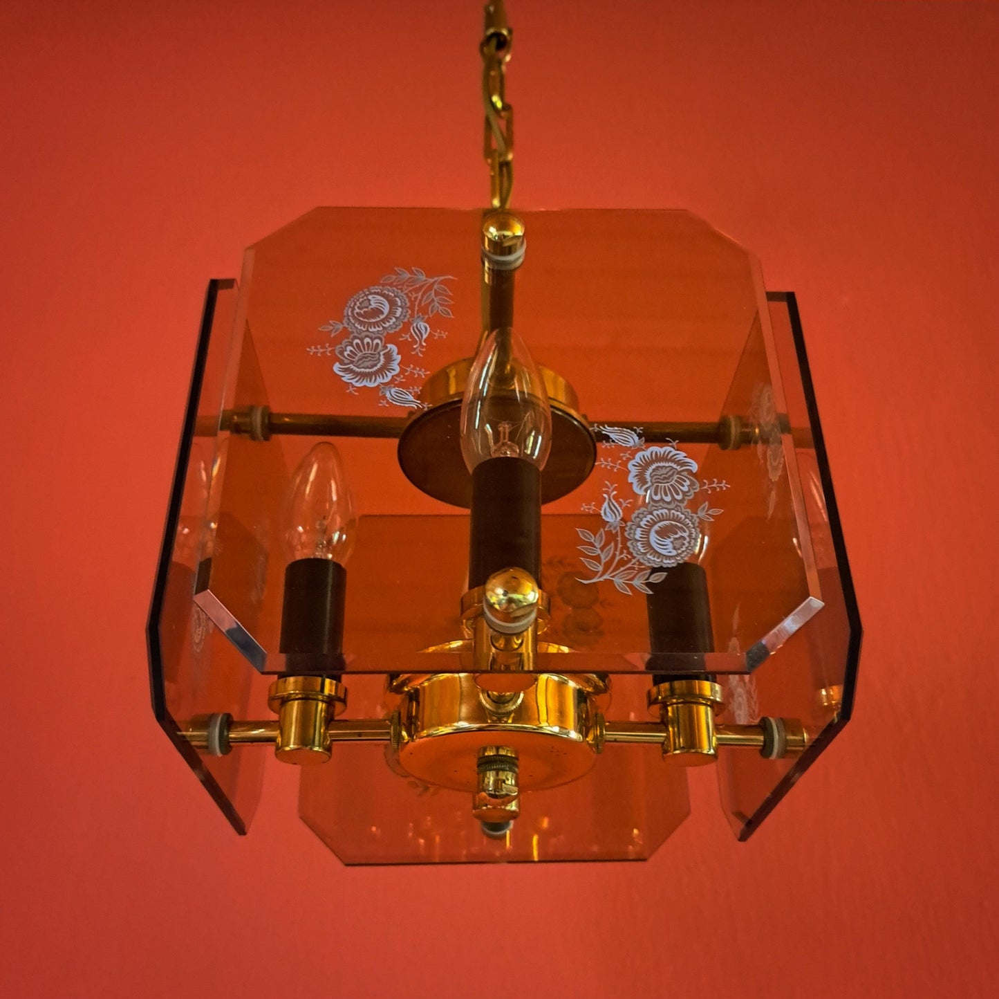 Mid Century Brass Bohemian Smoke Glass Panel Light