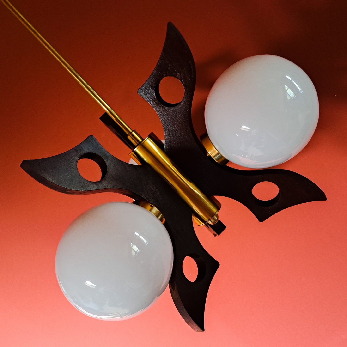 Vintage Opaline Glass Sputnik Chandelier: 1970s Scandinavian Wood & Brass