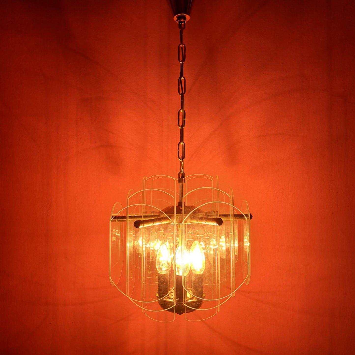 Mid Century Brass & Glass Panel Chandeliers MULTIPLES AVAILABLE