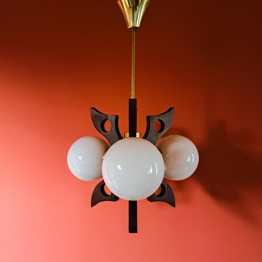 Vintage Opaline Glass Sputnik Chandelier: 1970s Scandinavian Wood & Brass