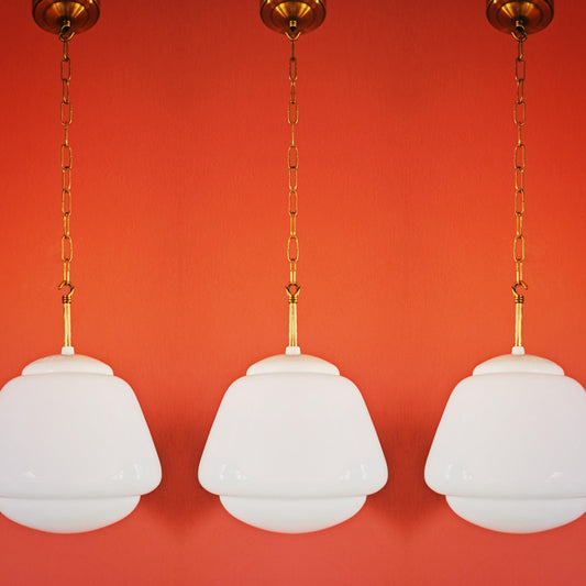 Mid Century Opaline Glass Schoolhouse Pendant Lights MULTIPLES AVAILABLE