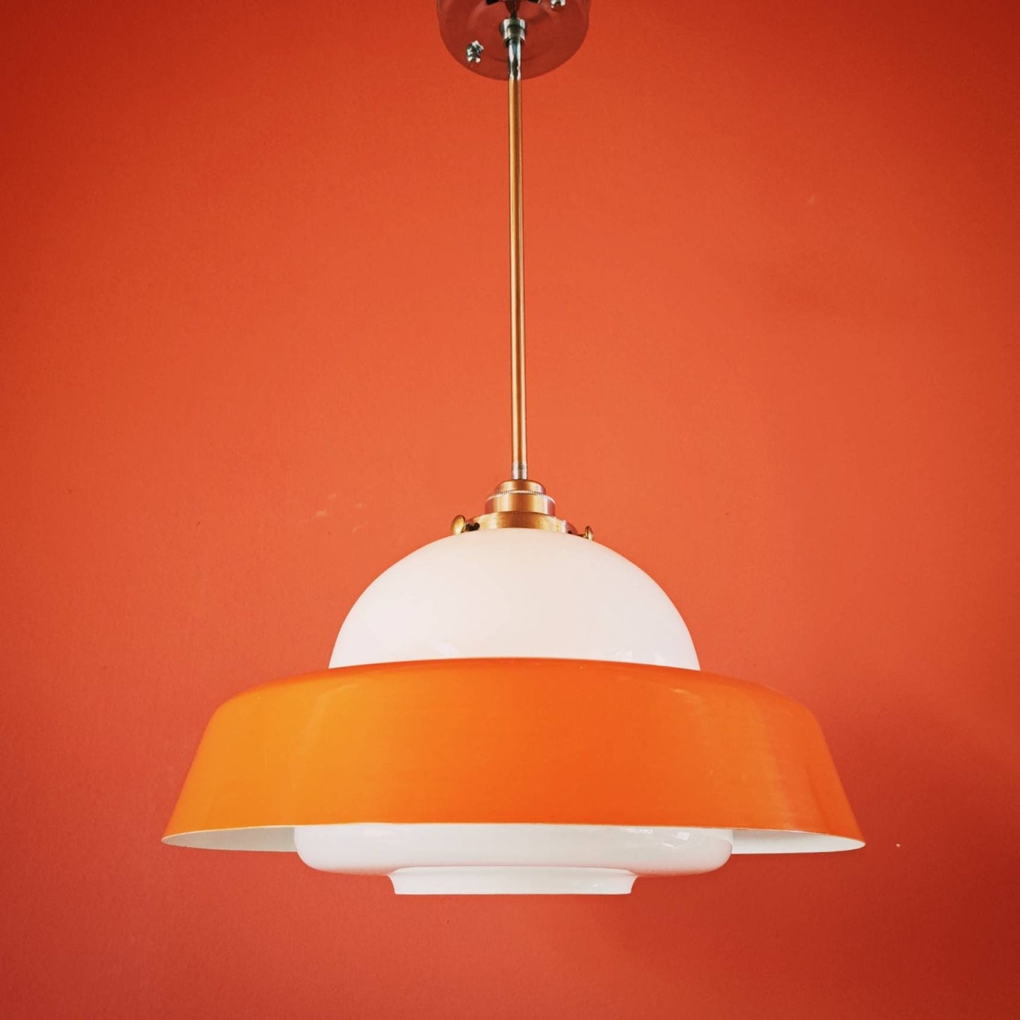 Mid Century Orange Metal Glass UFO Pendant Light