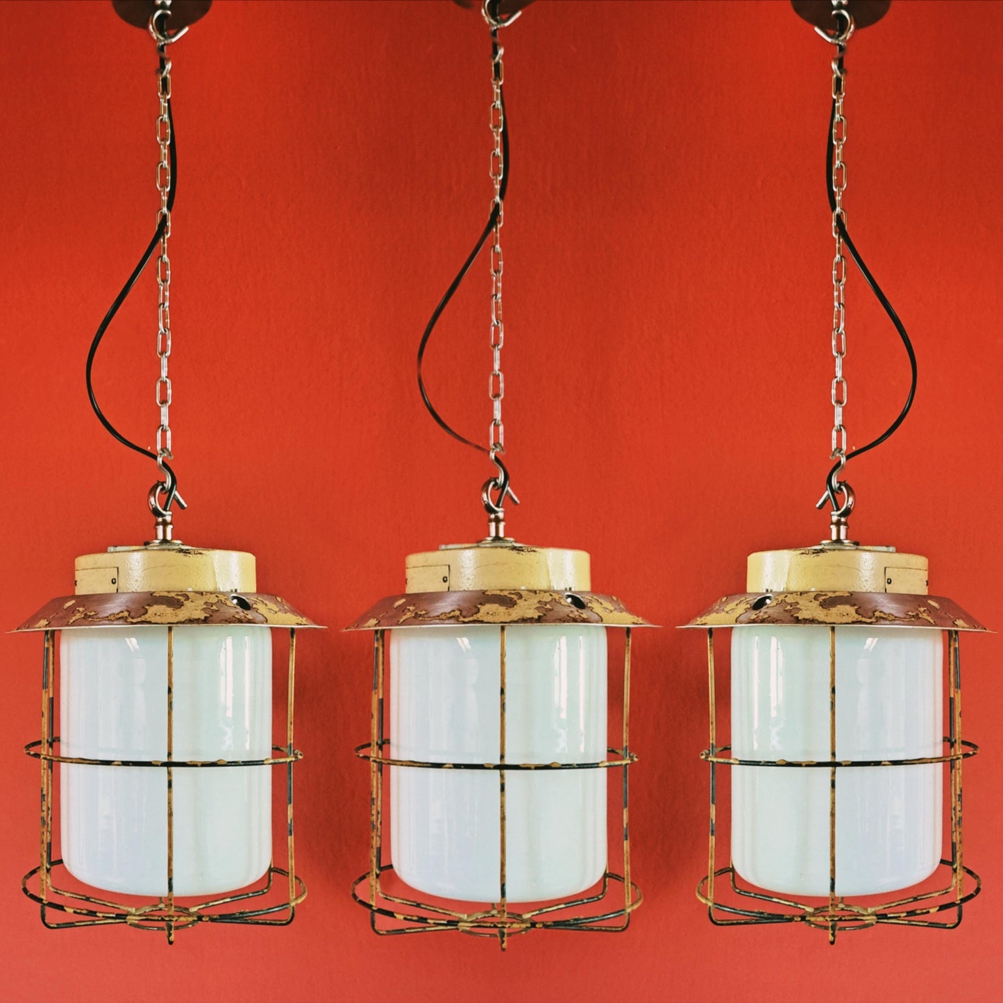 Three Vintage Industrial Opaline Glass Pendant Lights 1970s Czechoslovakia