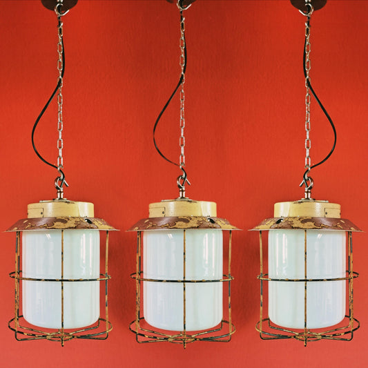 Three Vintage Industrial Opaline Glass Pendant Lights 1970s Czechoslovakia