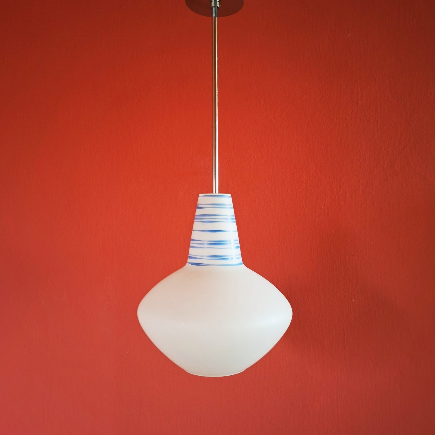 Pair of Retro 1960s White Blue Opaline Glass Pendant Lights
