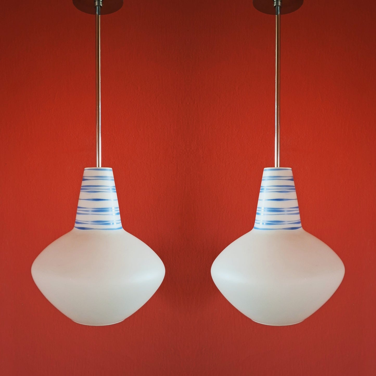 Pair of Retro 1960s White Blue Opaline Glass Pendant Lights