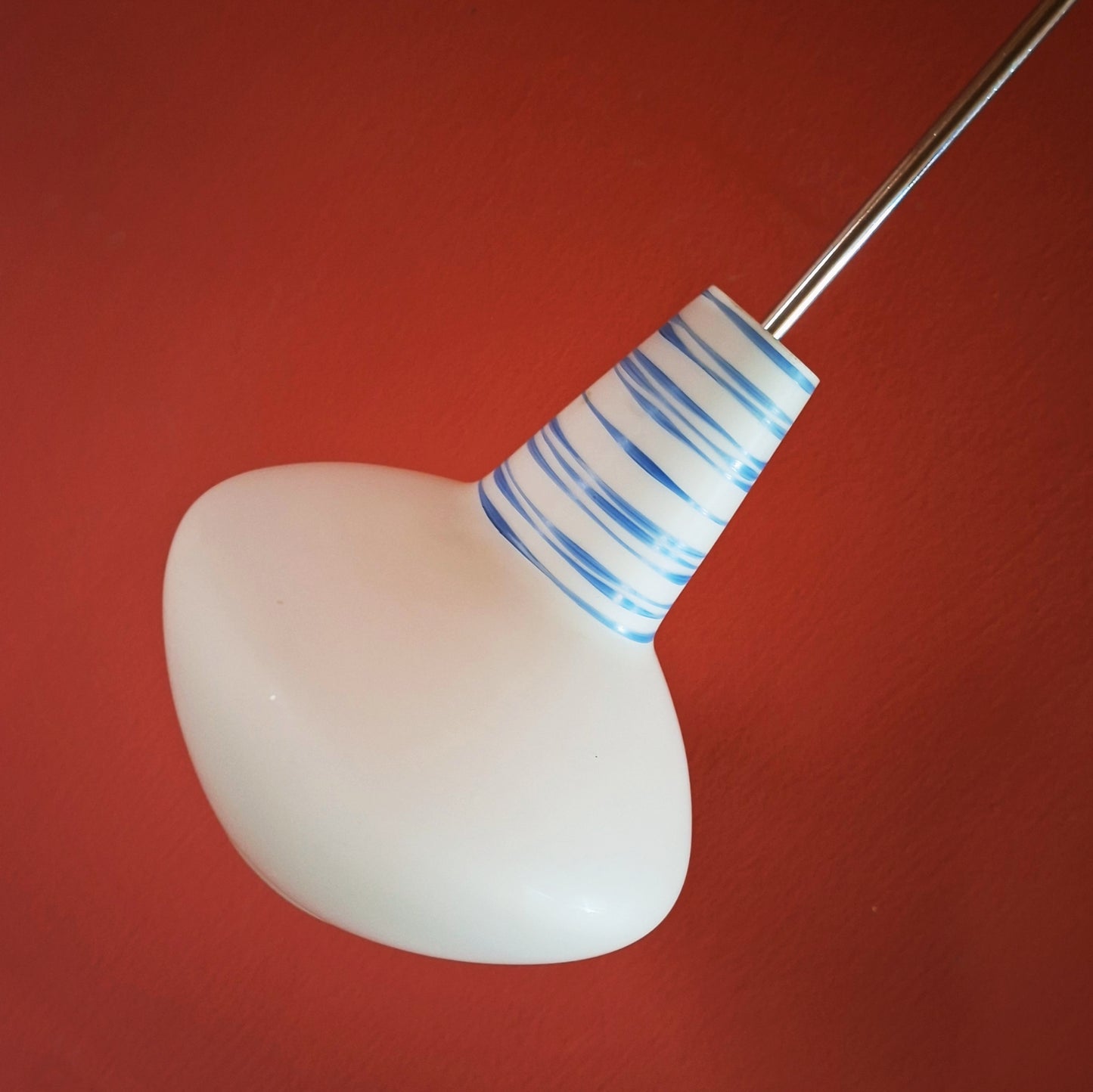 Pair of Retro 1960s White Blue Opaline Glass Pendant Lights