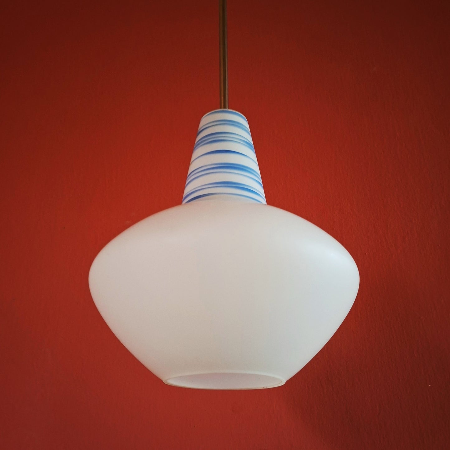 Pair of Retro 1960s White Blue Opaline Glass Pendant Lights