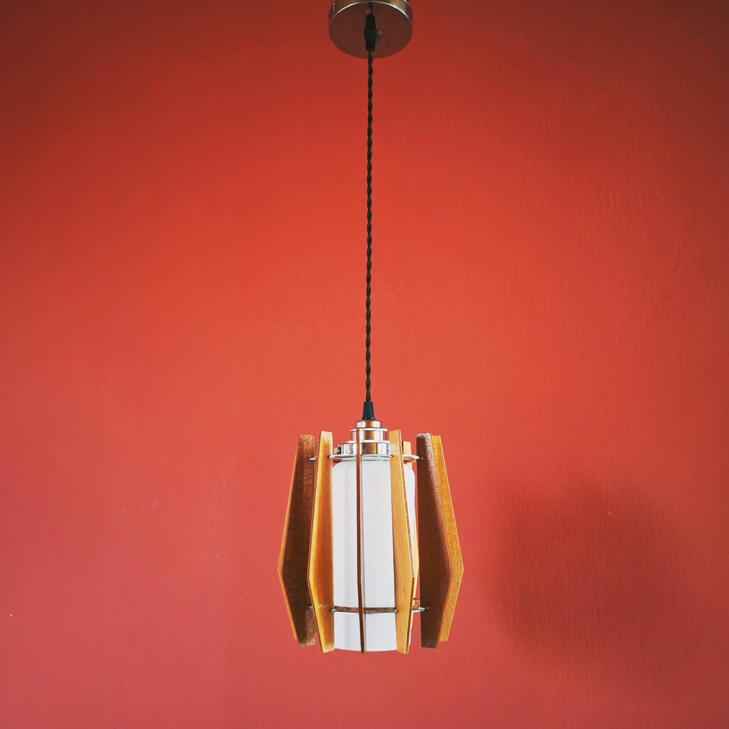 3 x Small mid century wood and glass Scandinavian pendant lights