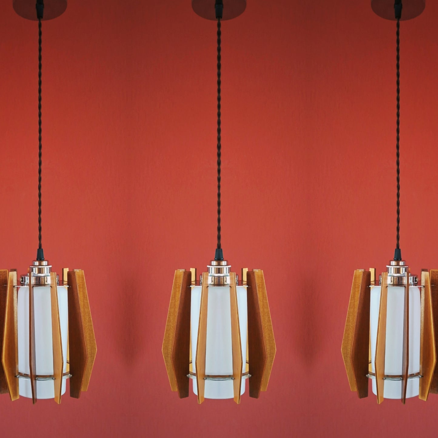 3 x Small mid century wood and glass Scandinavian pendant lights