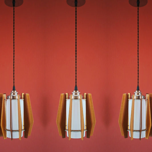 3 x Small mid century wood and glass Scandinavian pendant lights