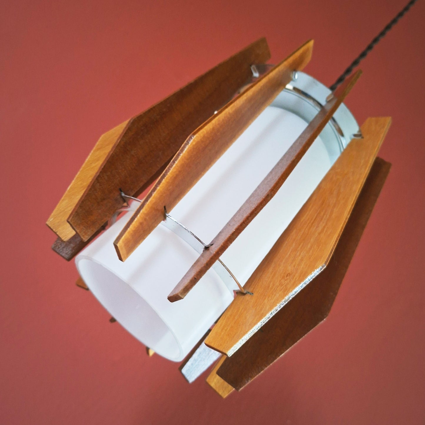 3 x Small mid century wood and glass Scandinavian pendant lights