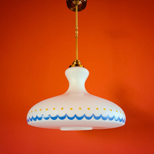 Vintage Opaline Glass Pendant Light: 1960s Atomic UFO Light