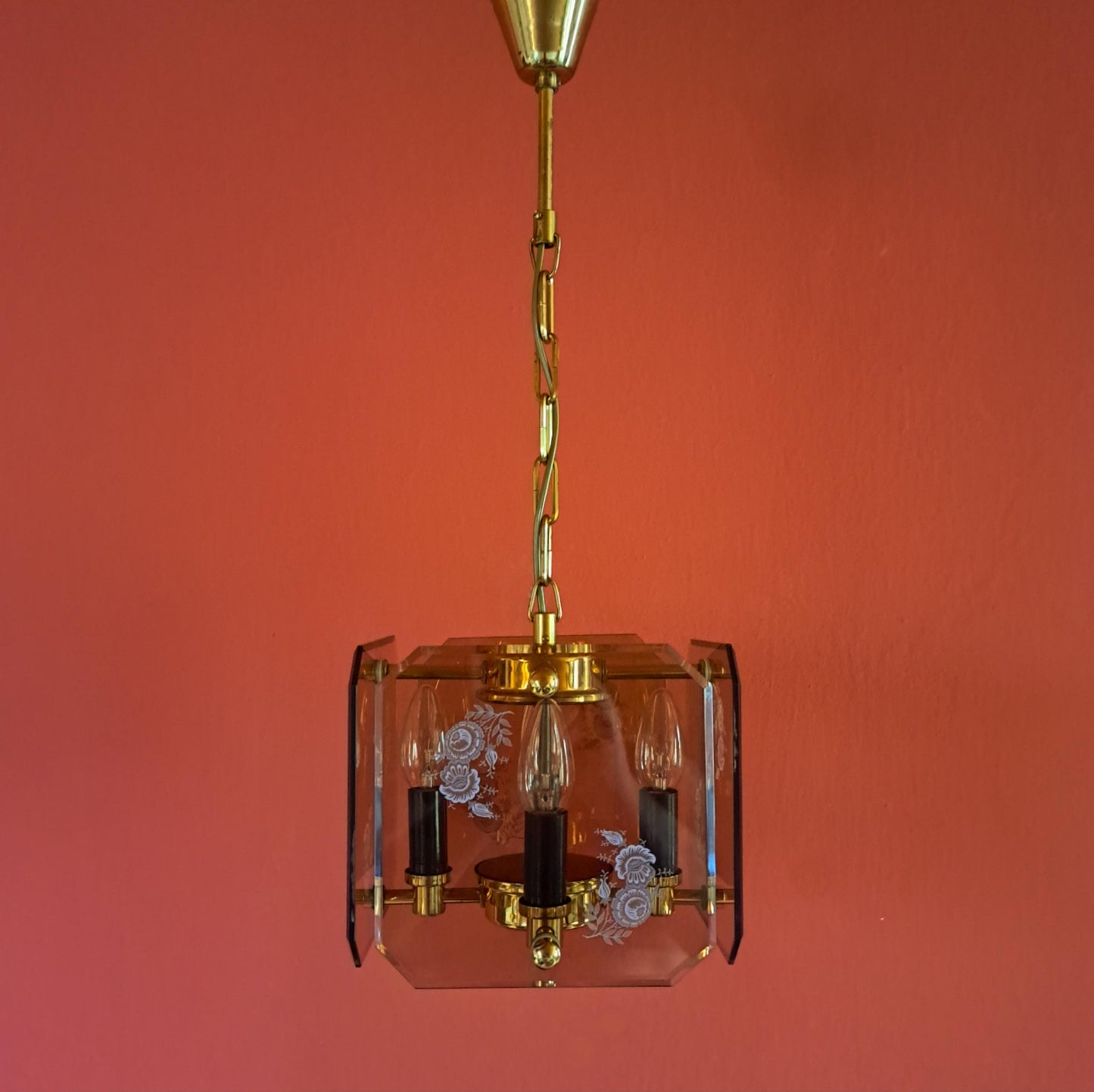 Mid Century Brass Bohemian Smoke Glass Panel Light