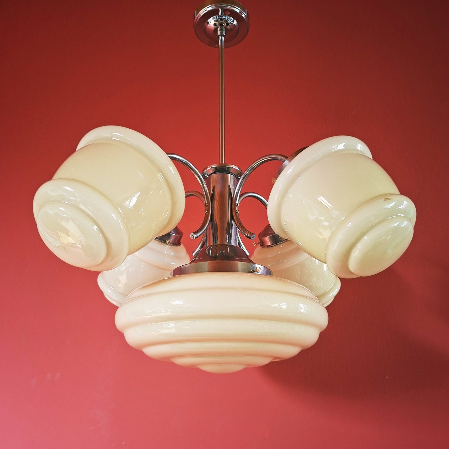 Art Deco Nickel Chrome-Plated Brass Glass Chandelier 1930s