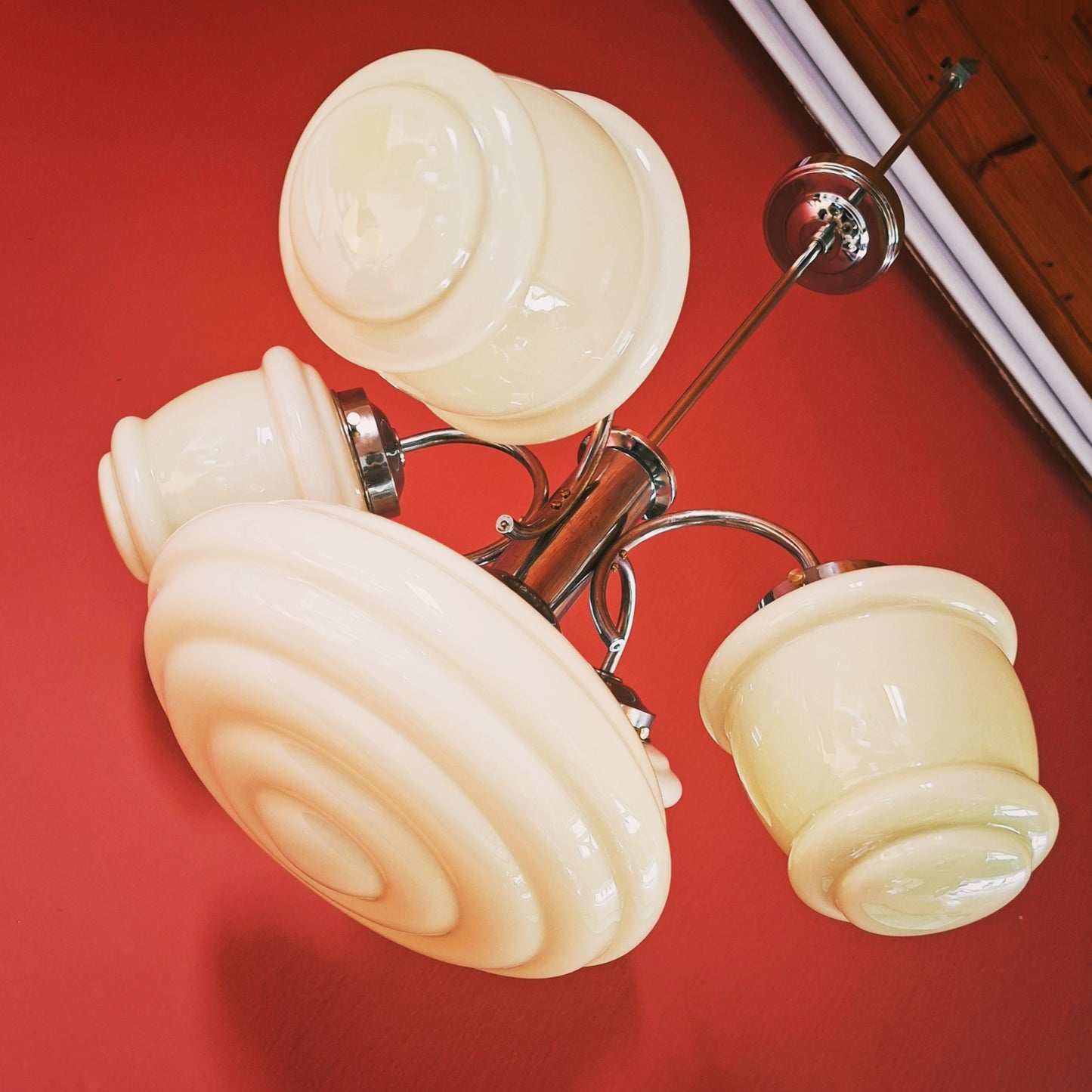 Art Deco Nickel Chrome-Plated Brass Glass Chandelier 1930s