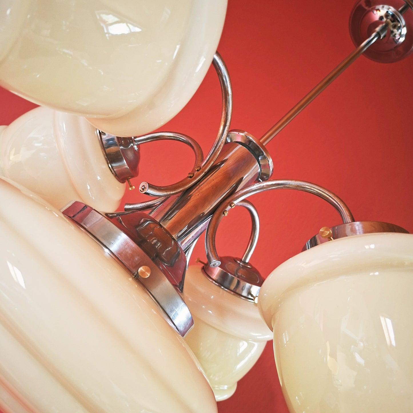 Art Deco Nickel Chrome-Plated Brass Glass Chandelier 1930s