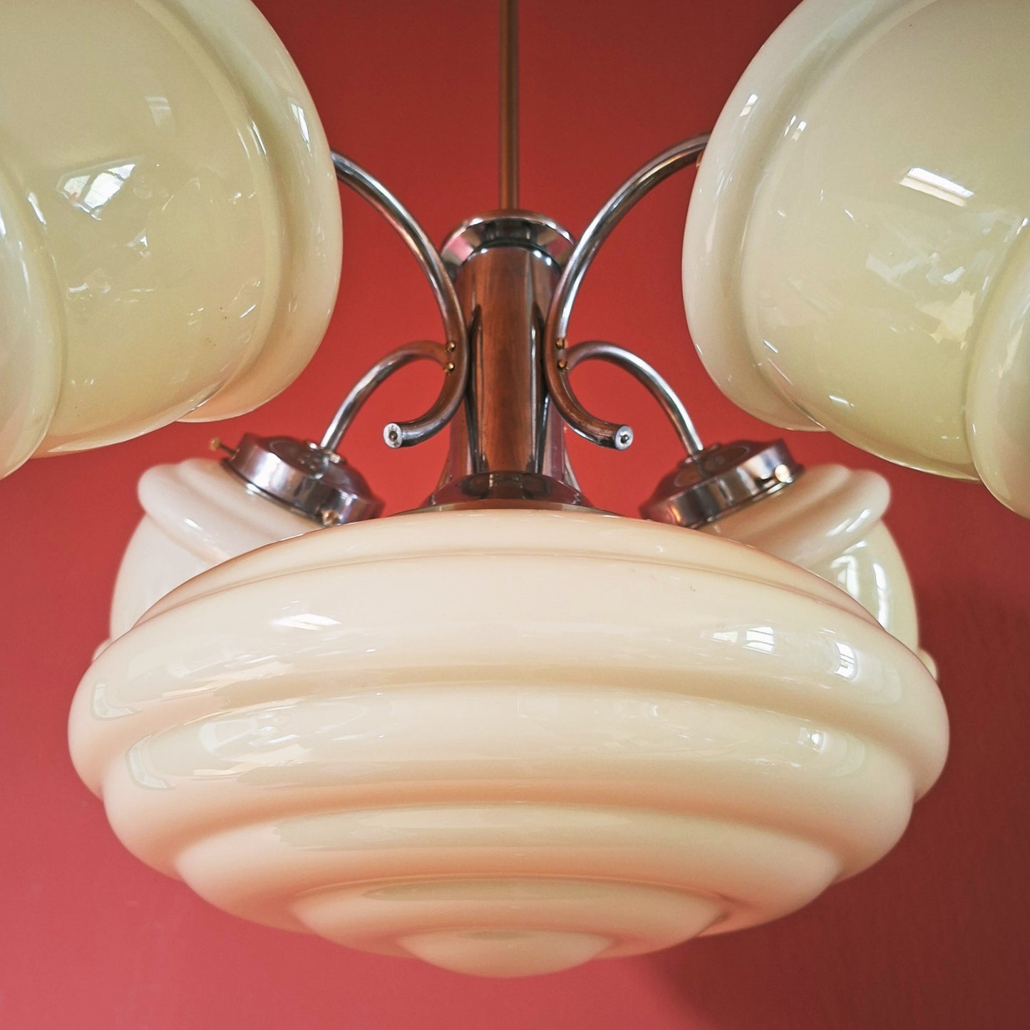 Art Deco Nickel Chrome-Plated Brass Glass Chandelier 1930s