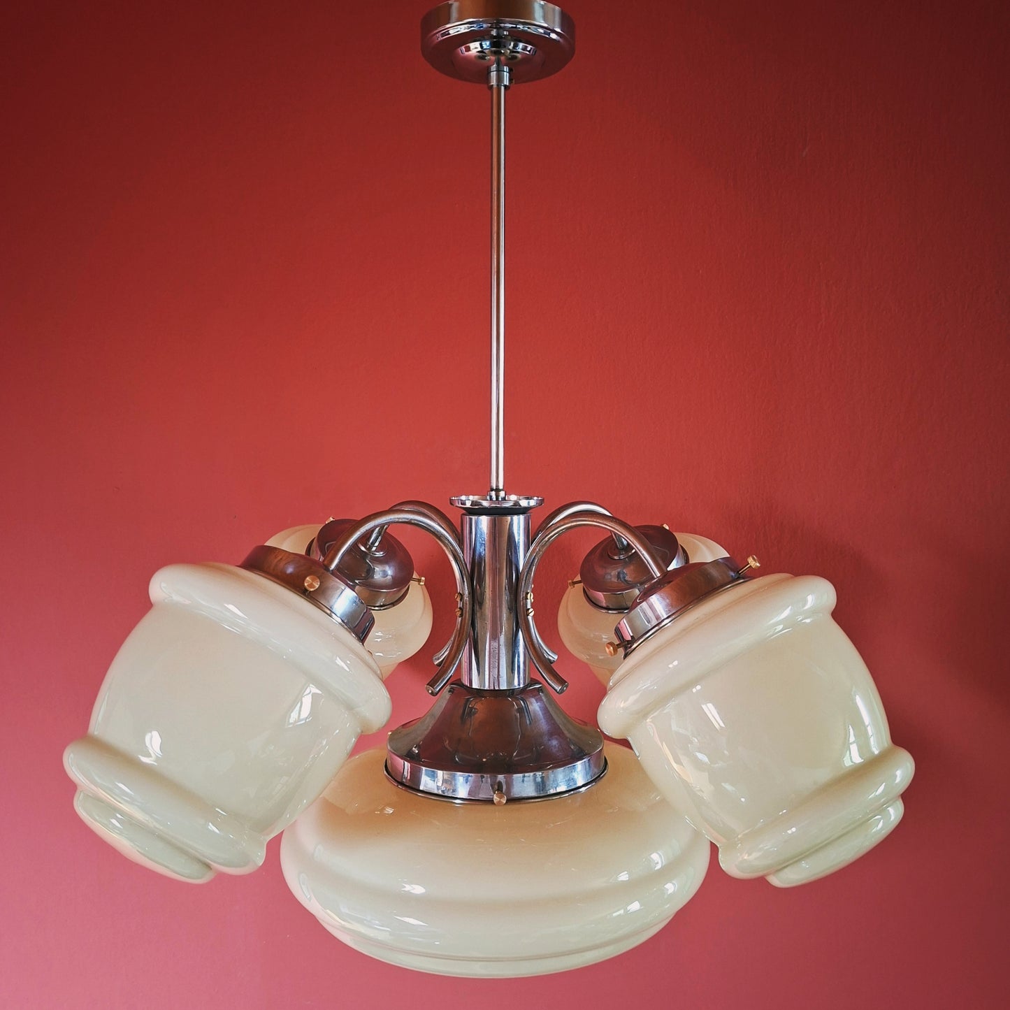 Art Deco Nickel Chrome-Plated Brass Glass Chandelier 1930s