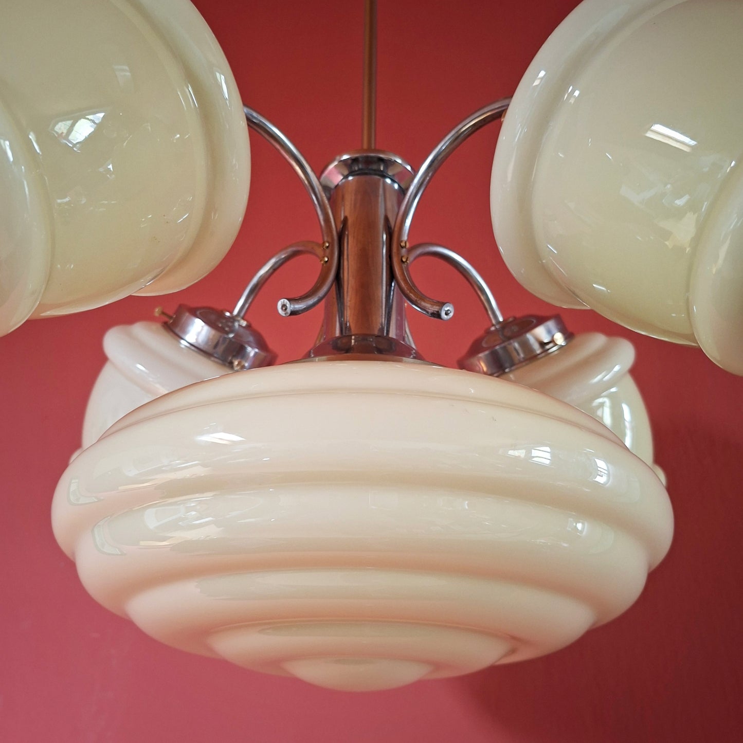 Art Deco Nickel Chrome-Plated Brass Glass Chandelier 1930s