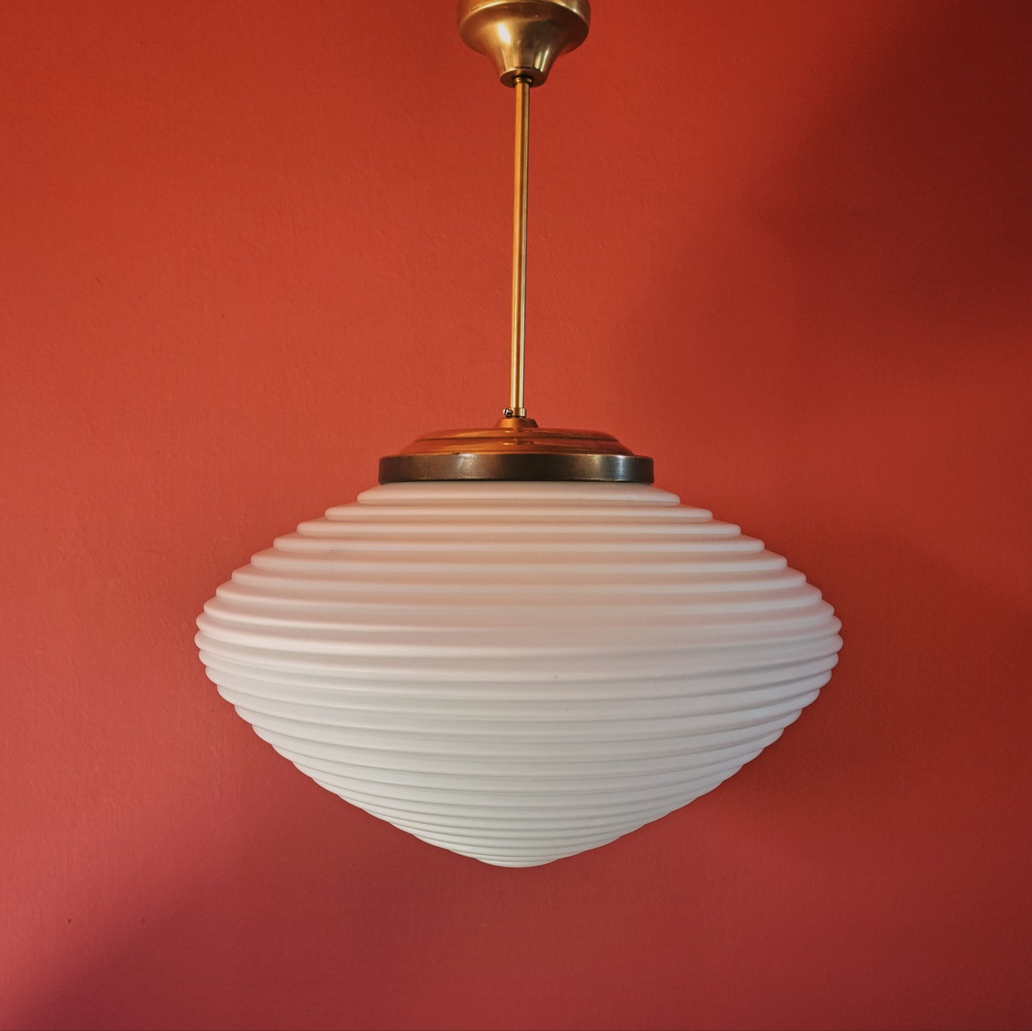 Large Vintage Brass Opaline Milk Glass Pendant Light Brass