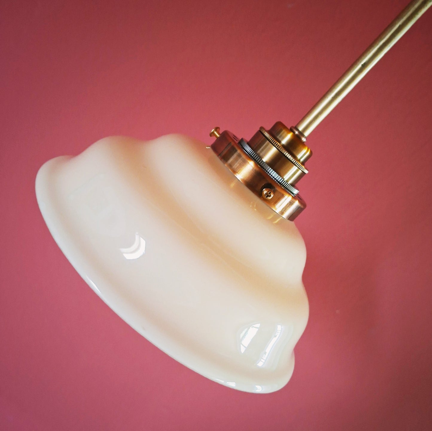 3 Vintage Cream Opaline Glass Pendant Lights w/ Brass