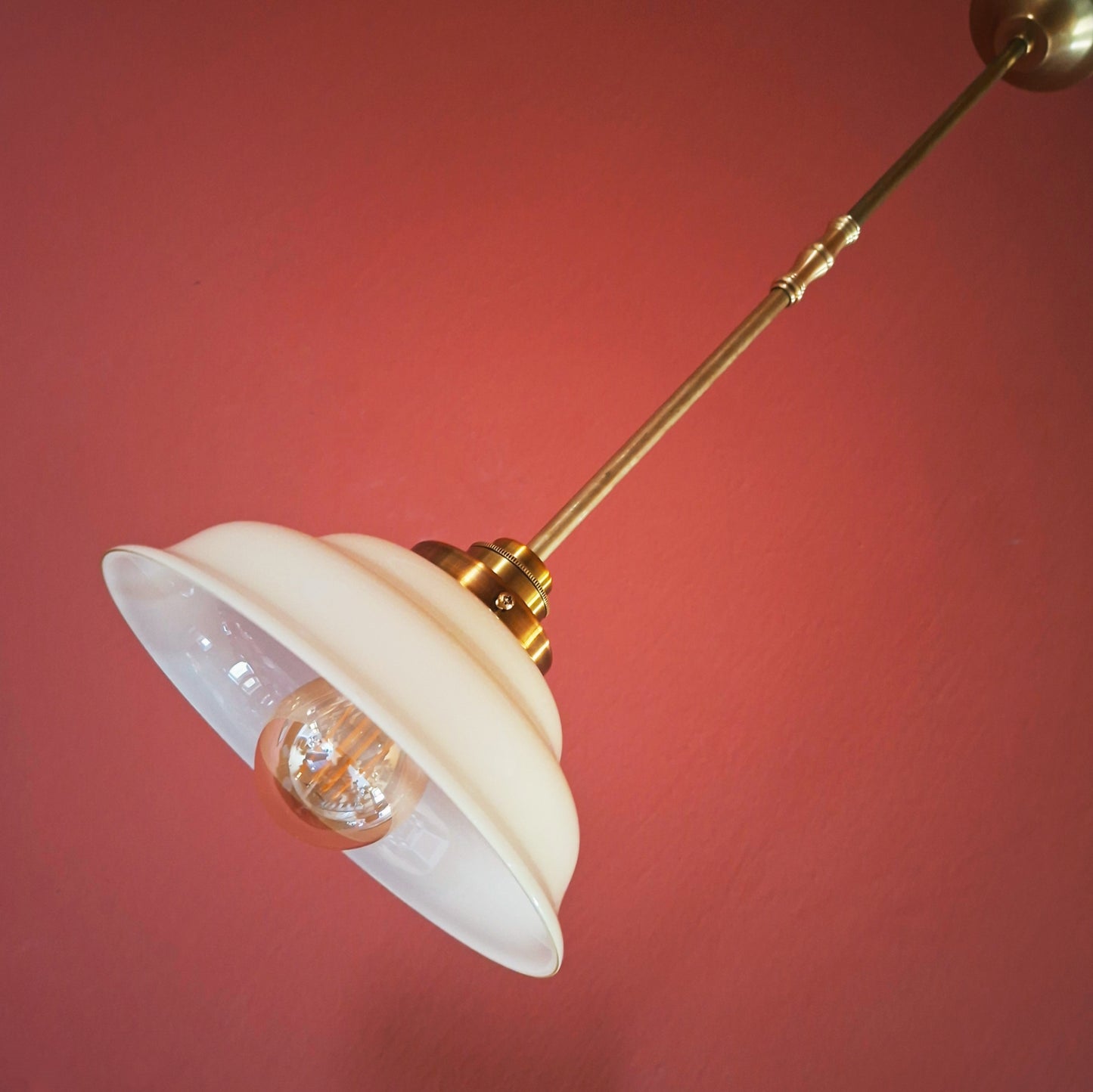 3 Vintage Cream Opaline Glass Pendant Lights w/ Brass