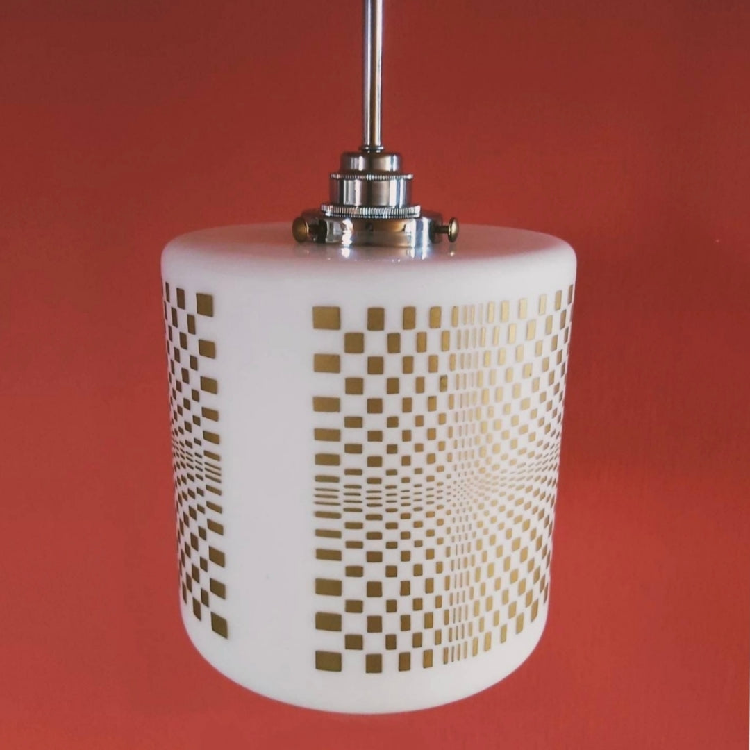 Vintage Opaline Glass Pendant Light Gold Geometric Pattern 1960s
