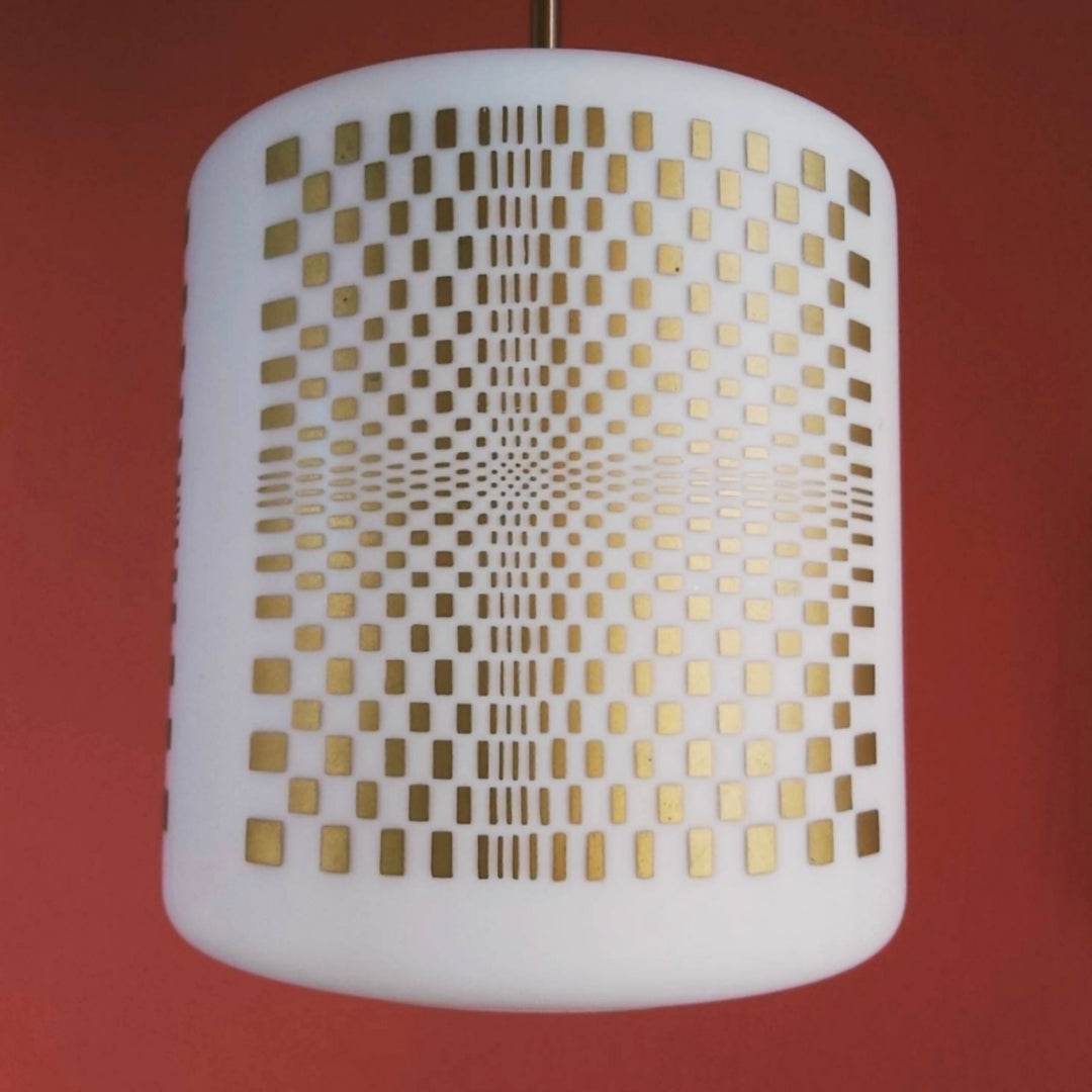Vintage Opaline Glass Pendant Light Gold Geometric Pattern 1960s