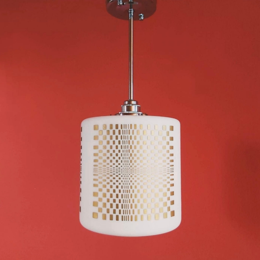 Vintage Opaline Glass Pendant Light Gold Geometric Pattern 1960s