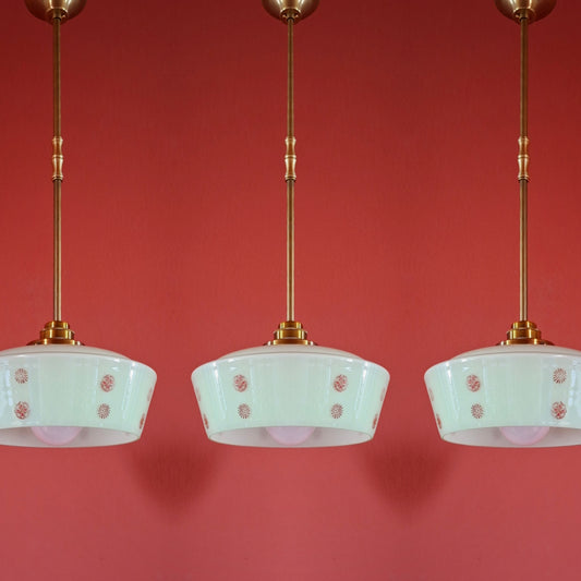 3 Vintage Green Opaline Glass Pendant Lights Mid Century Kitchen Dining Lighting