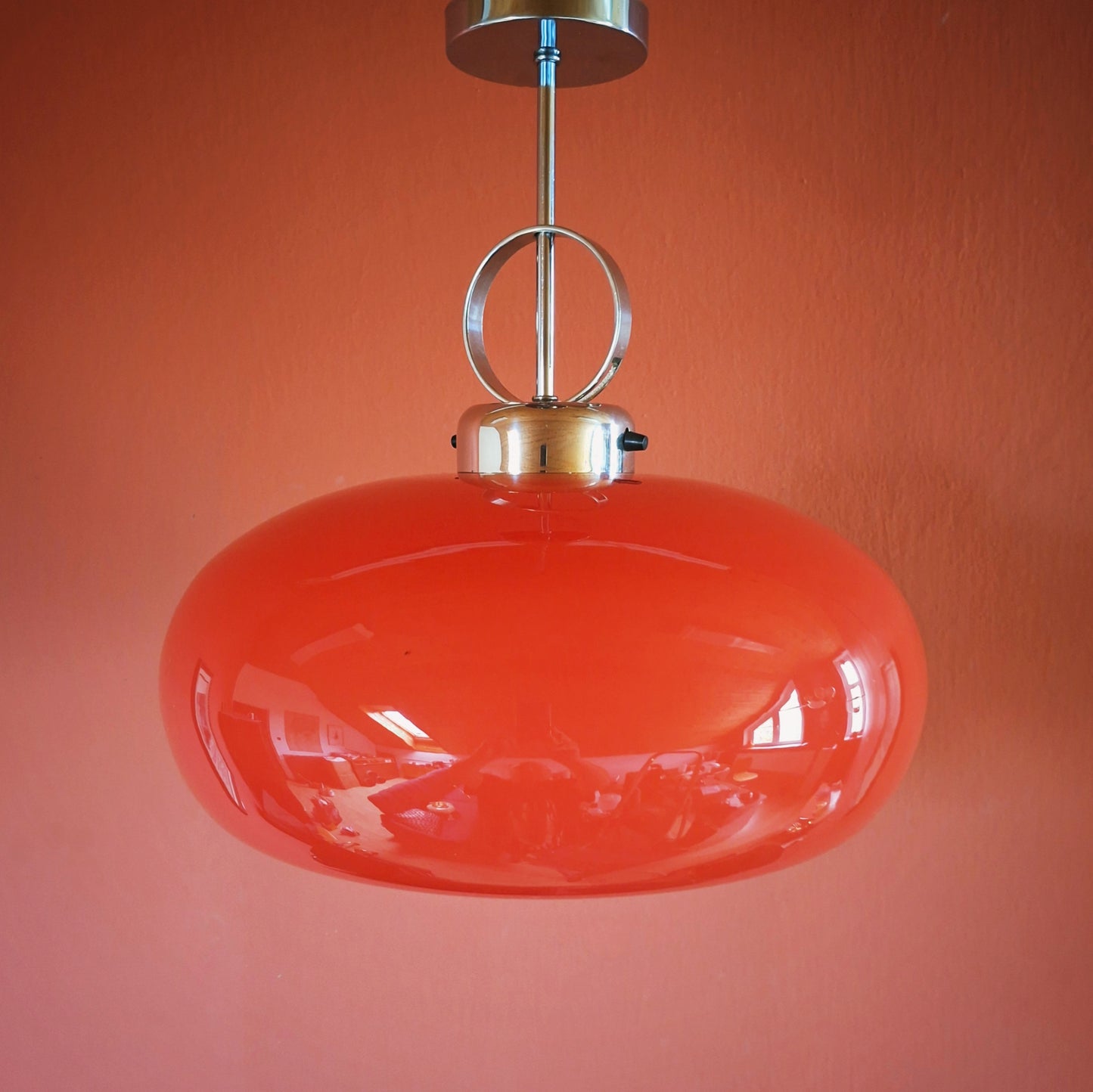 Large 1960s Red Opaline Glass Pendant Light w/ Space Age Chrome Fittings