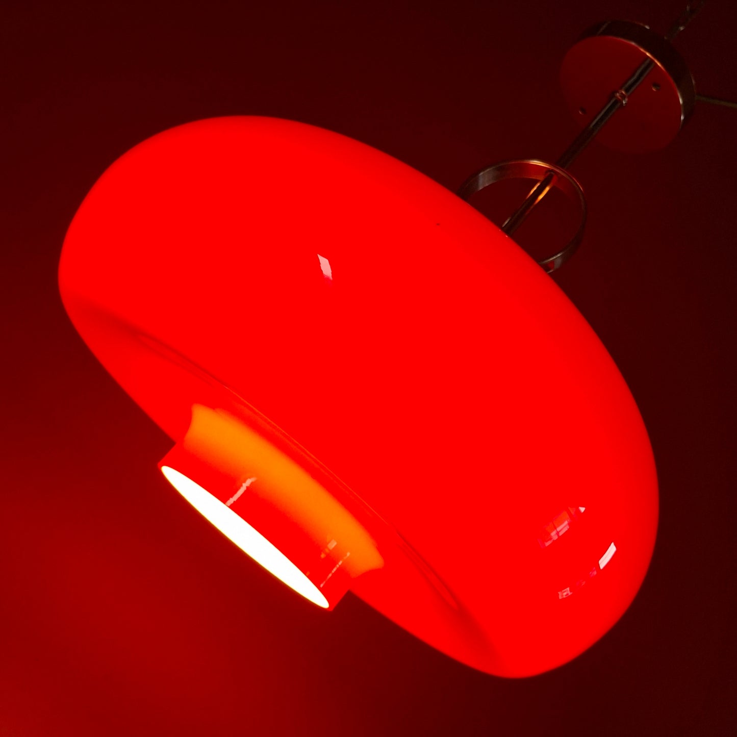 Large 1960s Red Opaline Glass Pendant Light w/ Space Age Chrome Fittings