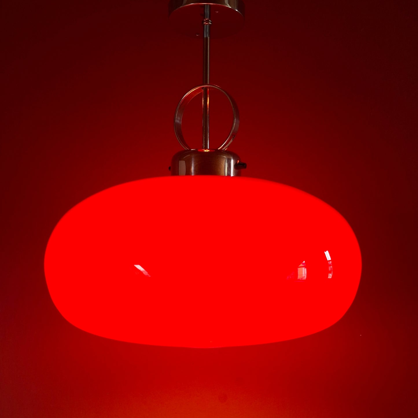 Large 1960s Red Opaline Glass Pendant Light w/ Space Age Chrome Fittings